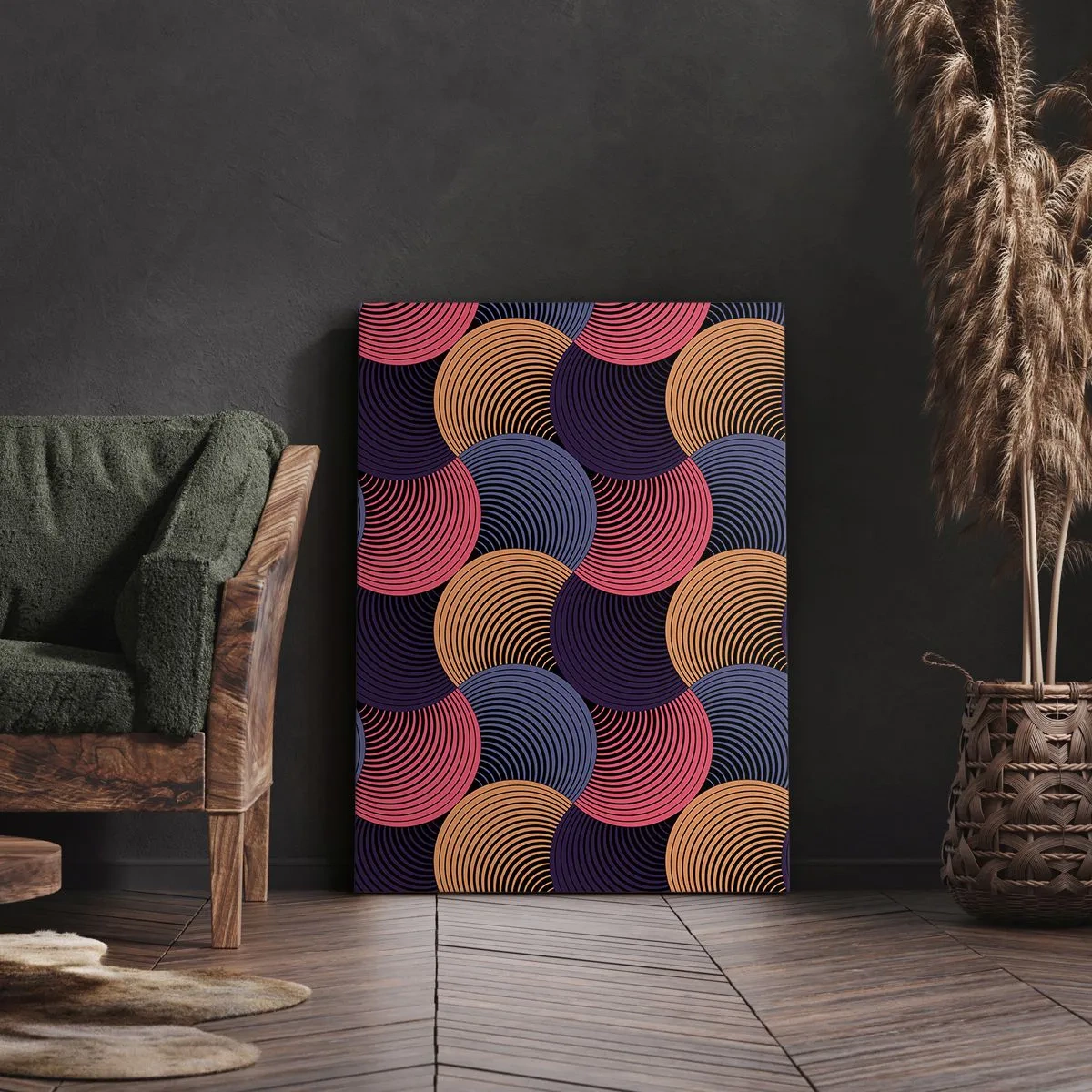 Cuadro sobre lienzo - Impresión de Imagen - Círculos geométricos en tonos rosa, morado y dorado. - 50x70cm - En un ritmo circular - Decoración de pared moderna para salón y dormitorio ARTTOR