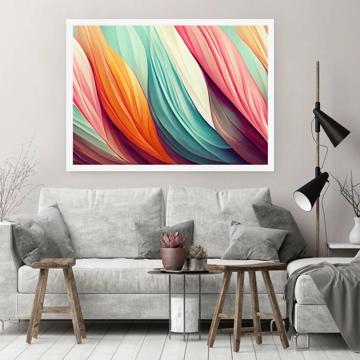 Póster - Líneas abstractas en colores pastel y vibrantes. - 100x70cm - Tejido arco iris - Decoración de pared moderna para salón y dormitorio ARTTOR