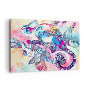 Cuadro sobre lienzo - Impresión de Imagen - Camaleón colorido sobre fondo de hojas abstractas - 120x80cm - Colorido como nuestro mundo - Decoración de pared moderna para salón y dormitorio ARTTOR