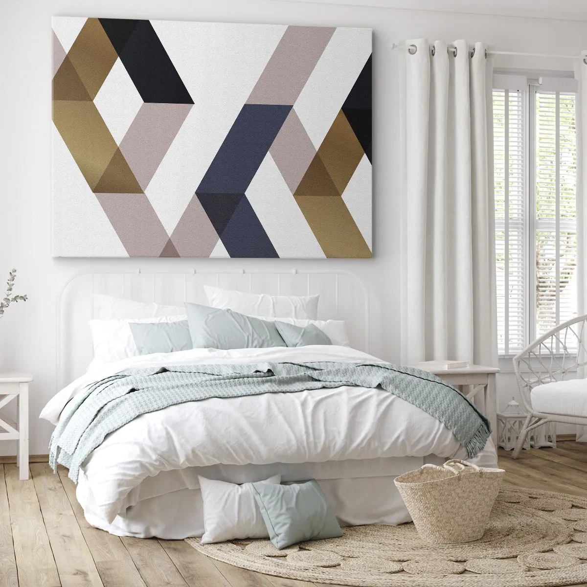 Cuadro sobre lienzo - Impresión de Imagen - Patrones geométricos en tonos dorados y azul marino. - 70x50cm - Rectas y ángulos - Decoración de pared moderna para salón y dormitorio ARTTOR