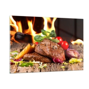 Cuadro sobre vidrio - Impresiones sobre Vidrio - Filete a la parrilla con verduras con el telón de fondo de las llamas - 120x80cm - Embrujo de fuego - Decoración de pared moderna para salón y dormitorio ARTTOR