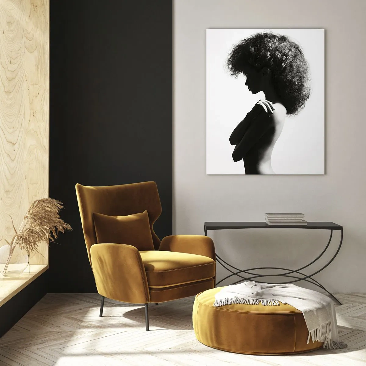 Cuadro sobre vidrio - Impresiones sobre Vidrio - Desnudo femenino en luz contrastante en blanco y negro - 50x70cm - Como una flor en un tallo delgado - Decoración de pared moderna para salón y dormitorio ARTTOR