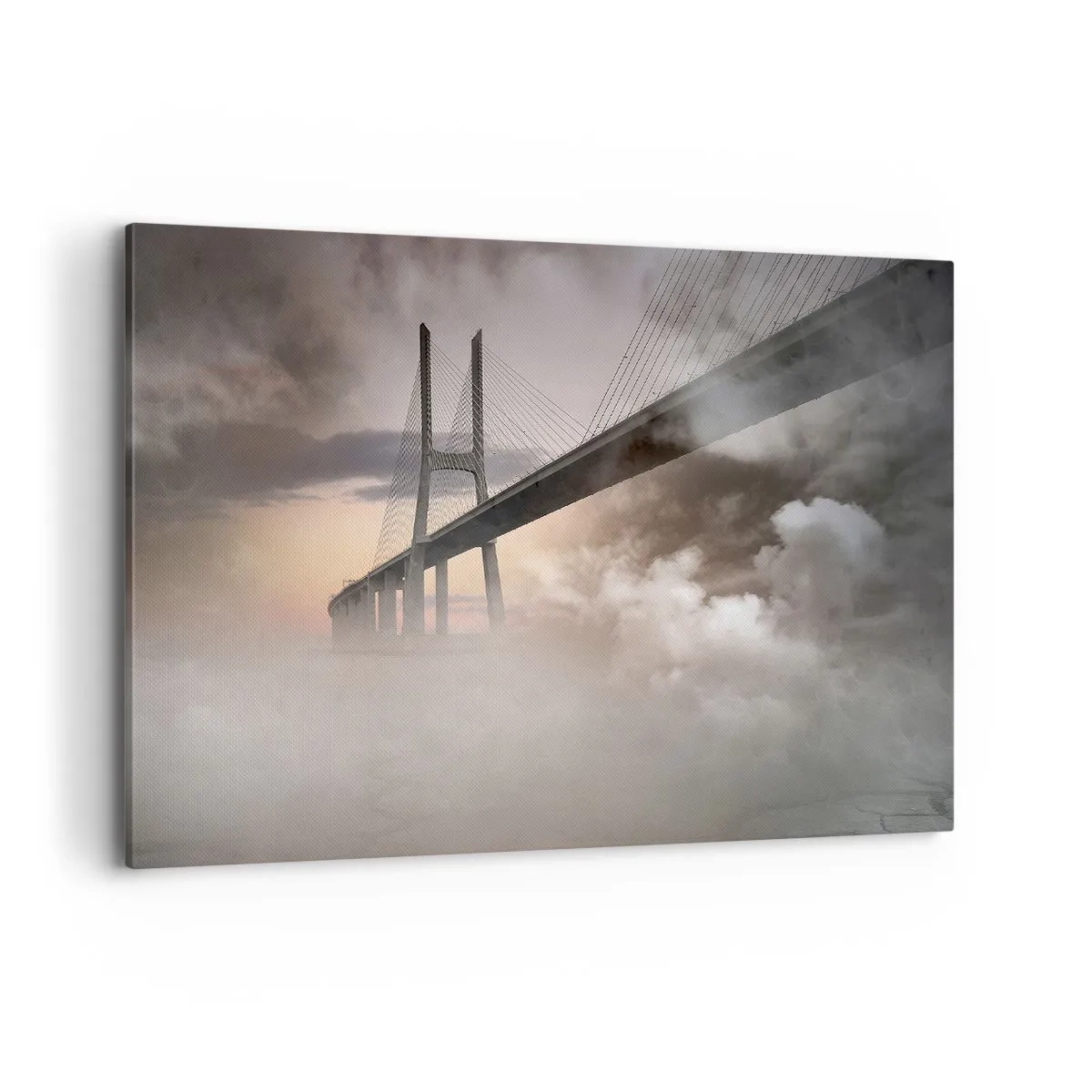 Cuadro sobre lienzo - Impresión de Imagen - Un puente sobre un río rodeado de niebla por la mañana. - 120x80cm - Junto al río que no existe - Decoración de pared moderna para salón y dormitorio ARTTOR