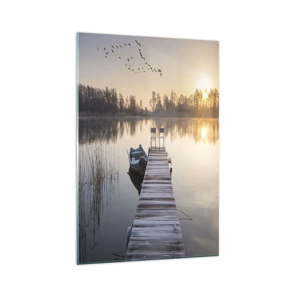 Cuadro sobre vidrio - Impresiones sobre Vidrio - Un muelle junto al lago por la mañana con un barco y sillas. - 70x100cm - Volveré en un rato - Decoración de pared moderna para salón y dormitorio ARTTOR