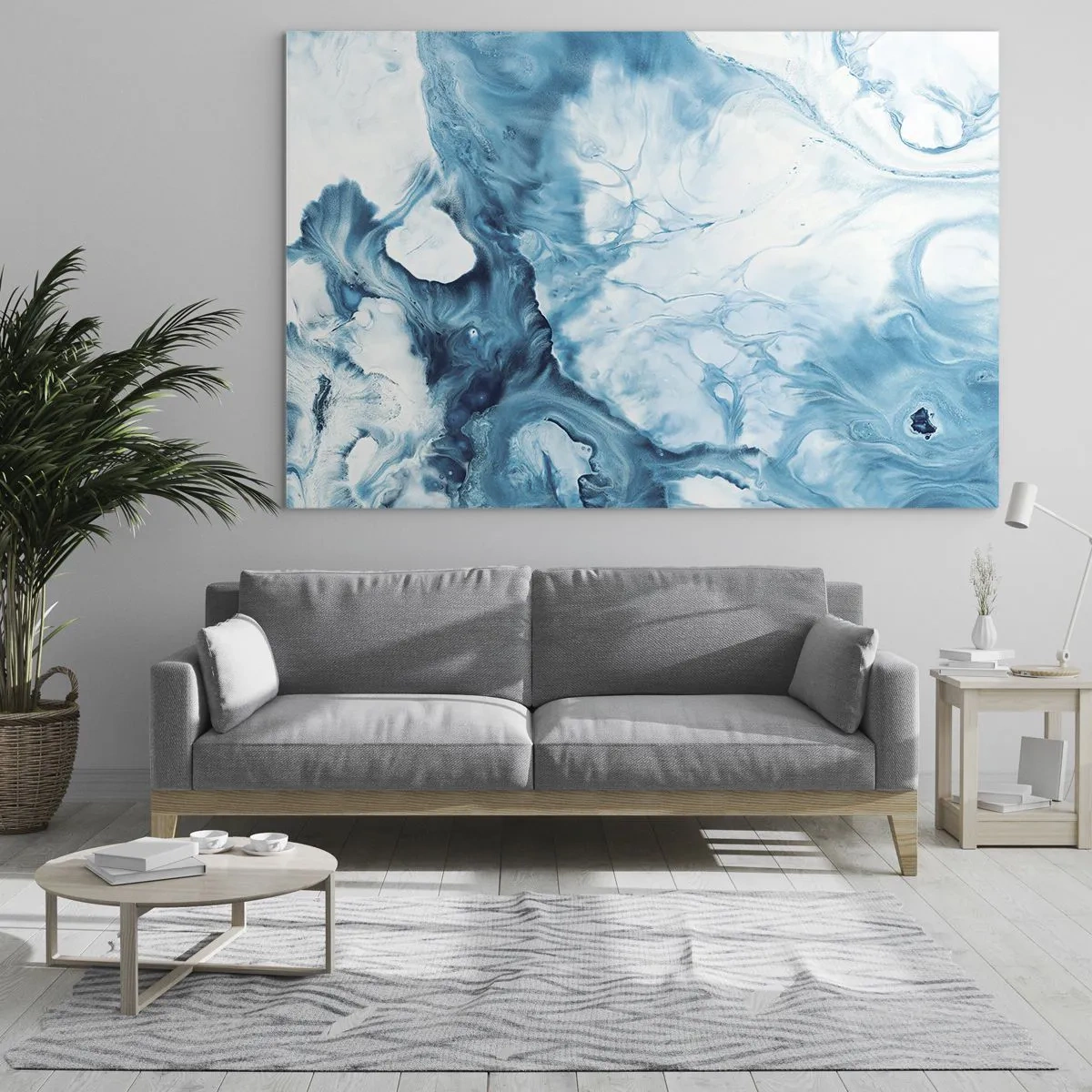 Cuadro sobre vidrio - Impresiones sobre Vidrio - Composición abstracta en tonos azules y blancos. - 70x50cm - Un concierto azul - Decoración de pared moderna para salón y dormitorio ARTTOR