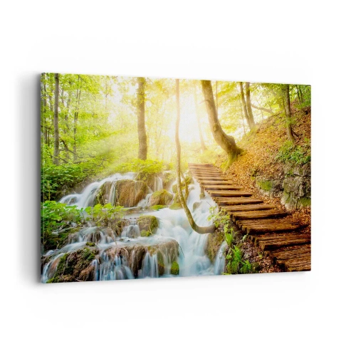 Cuadro sobre lienzo - Impresión de Imagen - Camino forestal con escaleras de madera junto a la cascada. - 100x70cm - El ansiado frescor - Decoración de pared moderna para salón y dormitorio ARTTOR