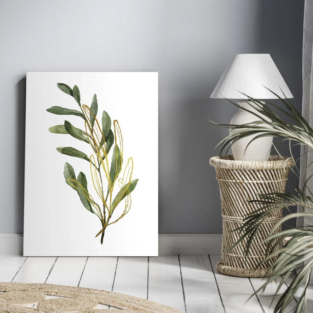 Cuadro sobre lienzo - Impresión de Imagen - Rama verde con hojas sobre fondo blanco. - 50x70cm - La vida se abre camino - Decoración de pared moderna para salón y dormitorio ARTTOR