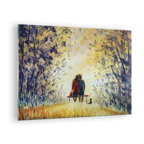 Cuadro sobre vidrio - Impresiones sobre Vidrio - Una pareja en un banco en un momento mágico. - 70x50cm - Un momento mágico - Decoración de pared moderna para salón y dormitorio ARTTOR