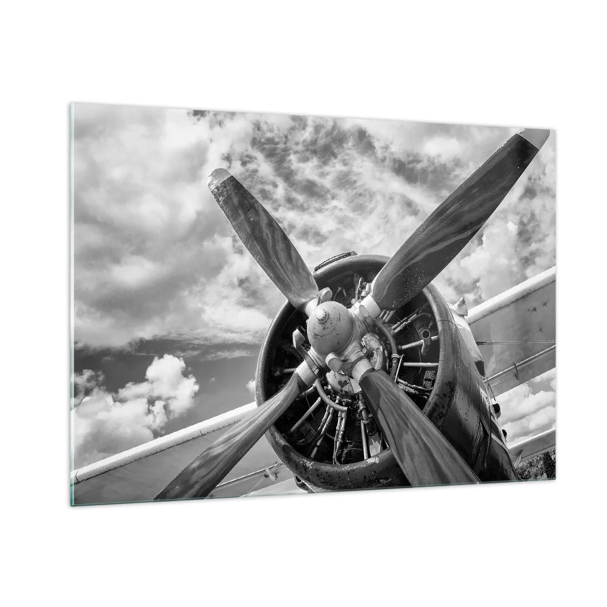 Cuadro sobre vidrio - Impresiones sobre Vidrio - Un primer plano de una hélice de avión en blanco y negro. - 100x70cm - Conquistador de los cielos - Decoración de pared moderna para salón y dormitorio ARTTOR