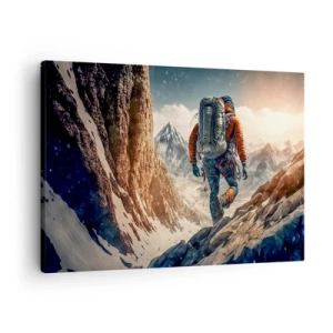 Cuadro sobre lienzo - Impresión de Imagen - Un escalador en un sendero de montaña en un paisaje invernal. - 70x50cm - Guerrero solitario - Decoración de pared moderna para salón y dormitorio ARTTOR
