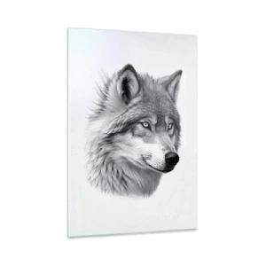 Cuadro sobre vidrio - Impresiones sobre Vidrio - Un retrato realista de un lobo en tonos de gris. - 80x120cm - Alfa - sin duda - Decoración de pared moderna para salón y dormitorio ARTTOR