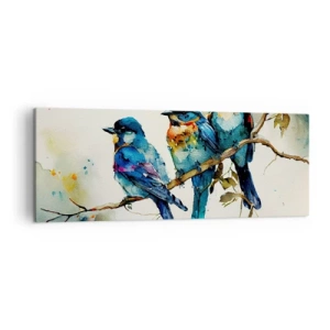 Cuadro sobre lienzo - Impresión de Imagen - Tres pájaros coloridos en una rama en estilo acuarela. - 140x50cm - ¿Ofendido? - Decoración de pared moderna para salón y dormitorio ARTTOR
