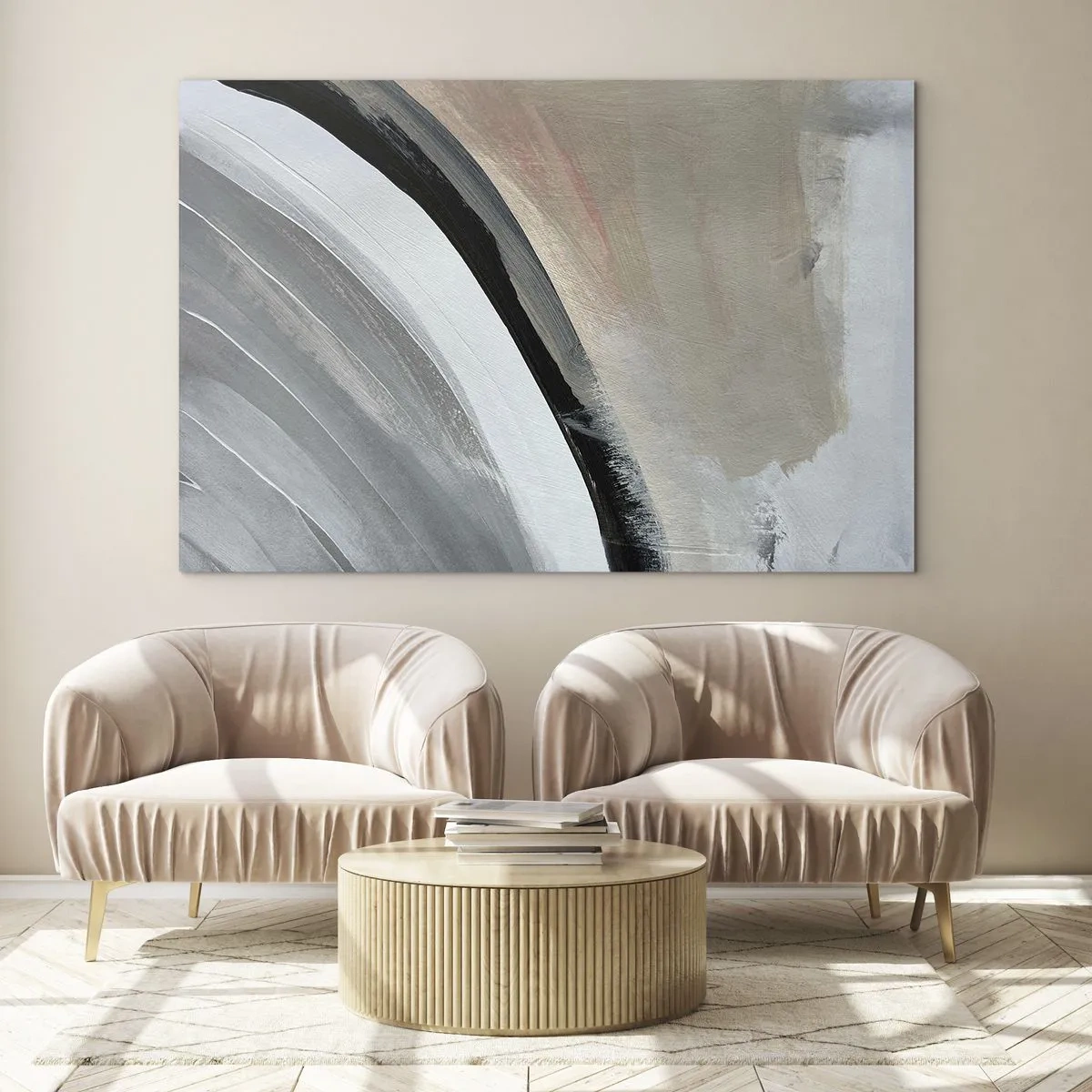 Cuadro sobre vidrio - Impresiones sobre Vidrio - Arco abstracto en tonos grises y negros - 100x70cm - Composición: un arco negro y gris - Decoración de pared moderna para salón y dormitorio ARTTOR