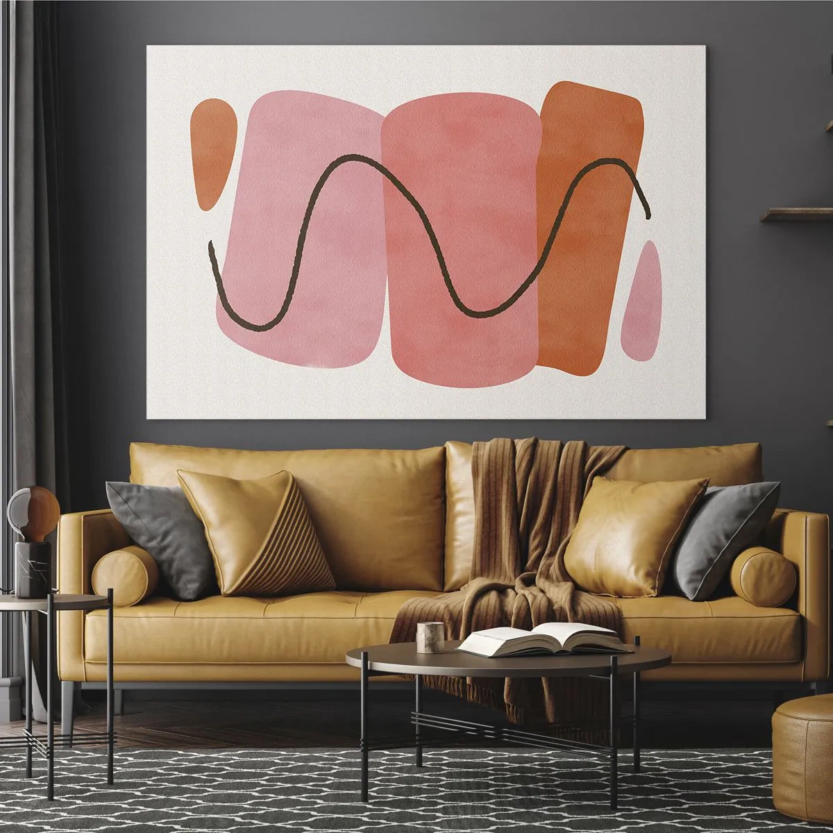 Cuadro sobre vidrio - Impresiones sobre Vidrio - Formas abstractas en rosa y naranja con una línea negra. - 70x50cm - Suave movimiento de formas - Decoración de pared moderna para salón y dormitorio ARTTOR