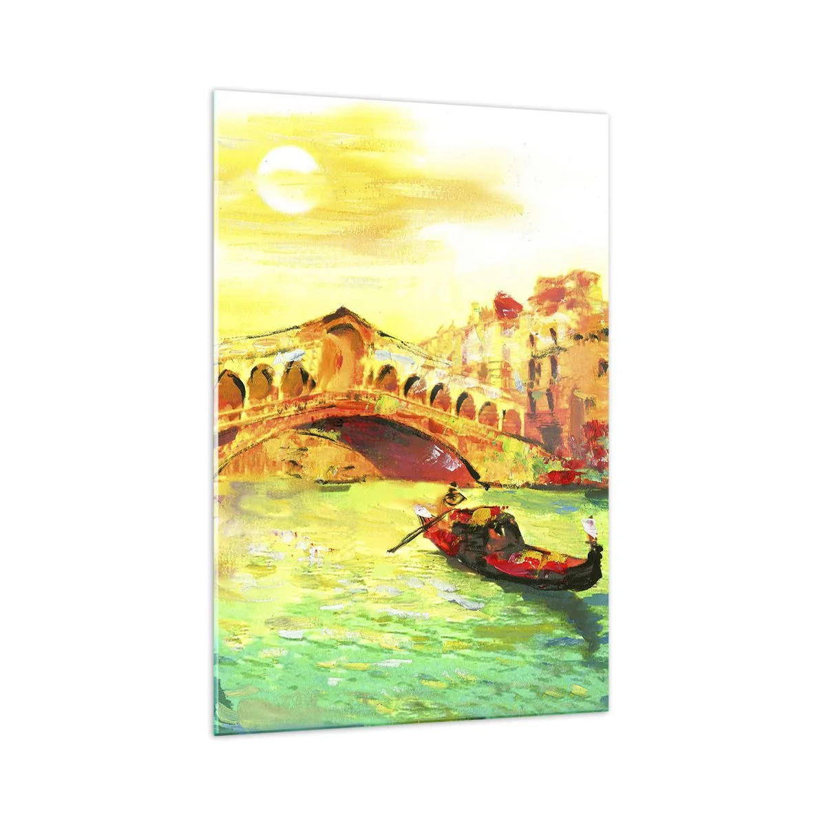 Cuadro sobre vidrio - Impresiones sobre Vidrio - Un pintoresco puente sobre el canal con una góndola a la luz del sol poniente. - 70x100cm - Peregrinación de los amantes - Decoración de pared moderna para salón y dormitorio ARTTOR