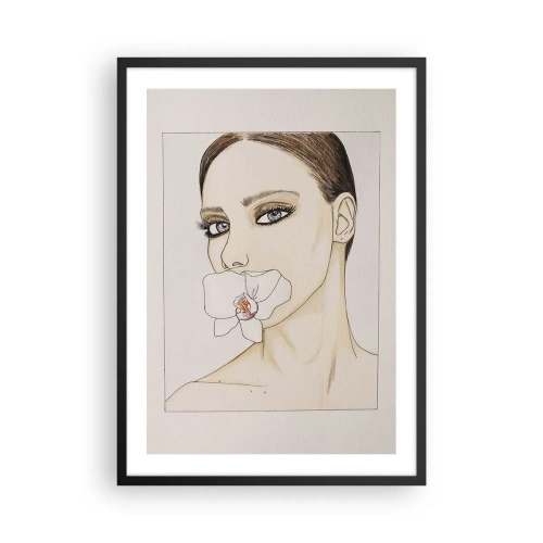 Póster en marco negro - Retrato de una mujer con una orquídea en los labios. - 50x70cm - Elegancia y belleza - Decoración de pared moderna para salón y dormitorio ARTTOR