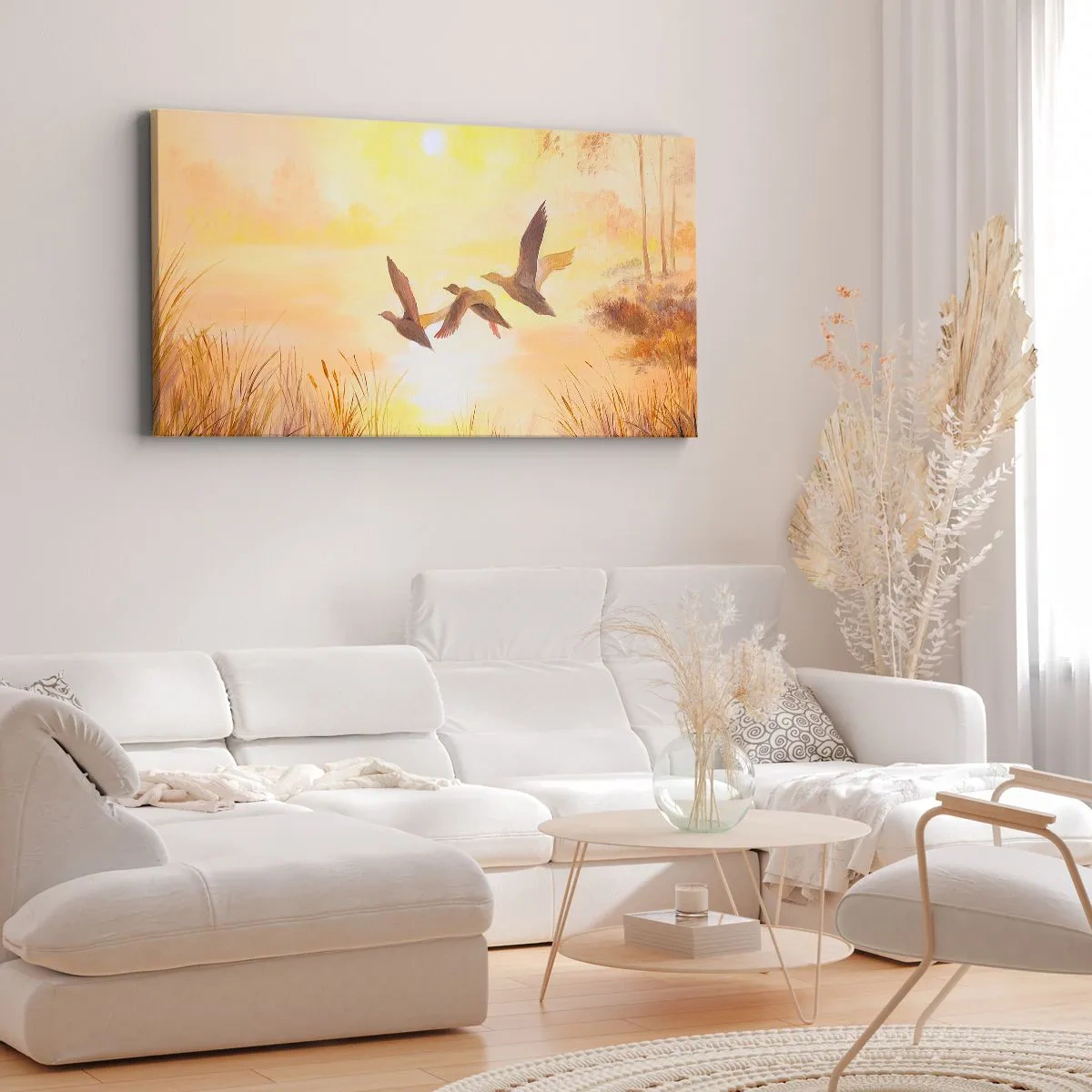 Cuadro sobre lienzo - Impresión de Imagen - Patos volando al amanecer sobre el lago - 120x50cm - El comienzo de un largo viaje - Decoración de pared moderna para salón y dormitorio ARTTOR