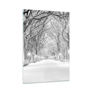 Cuadro sobre vidrio - Impresiones sobre Vidrio - Callejón de árboles de invierno en el parque con luces y nieve. - 50x70cm - Cuatro estaciones - invierno - Decoración de pared moderna para salón y dormitorio ARTTOR