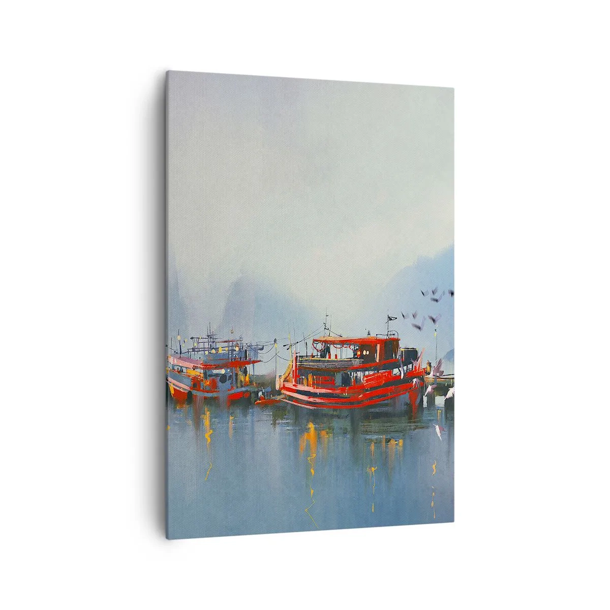 Cuadro sobre lienzo - Impresión de Imagen - Un puerto con barcos rojos rodeado de un paisaje brumoso. - 70x100cm - En el fin del mundo - Decoración de pared moderna para salón y dormitorio ARTTOR