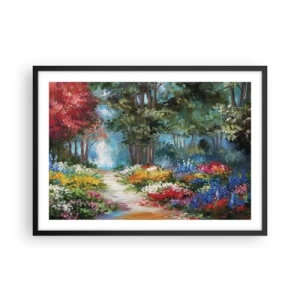 Póster en marco negro - Un pintoresco jardín lleno de flores y árboles coloridos en un entorno forestal. - 70x50cm - Jardín forestal, bosque floral - Decoración de pared moderna para salón y dormitorio ARTTOR