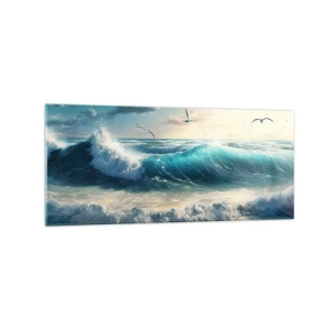 Cuadro sobre vidrio - Impresiones sobre Vidrio - Olas del mar en la playa bajo un cielo azul con gaviotas - 120x50cm - La brisa solo para ti - Decoración de pared moderna para salón y dormitorio ARTTOR