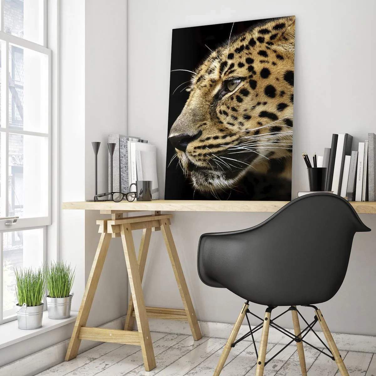 Cuadro sobre vidrio - Impresiones sobre Vidrio - Perfil de un leopardo sobre fondo negro - 50x70cm - Tranquilo, concentrado, preparado - Decoración de pared moderna para salón y dormitorio ARTTOR