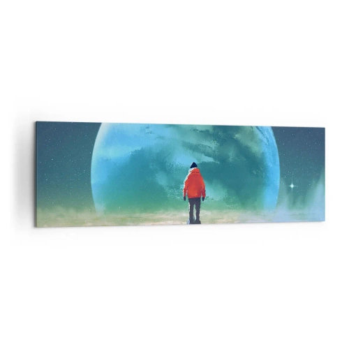 Cuadro sobre lienzo - Impresión de Imagen - Un hombre con una chaqueta roja de pie frente a un gran planeta con estrellas en el fondo. - 160x50cm - Descubridor de una nueva Tierra - Decoración de pared moderna para salón y dormitorio ARTTOR