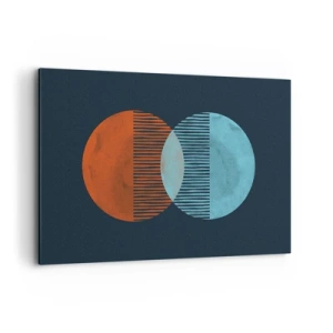 Cuadro sobre lienzo - Impresión de Imagen - Dos círculos naranjas y azules sobre un fondo oscuro. - 120x80cm - Fantasía astronómica - Decoración de pared moderna para salón y dormitorio ARTTOR