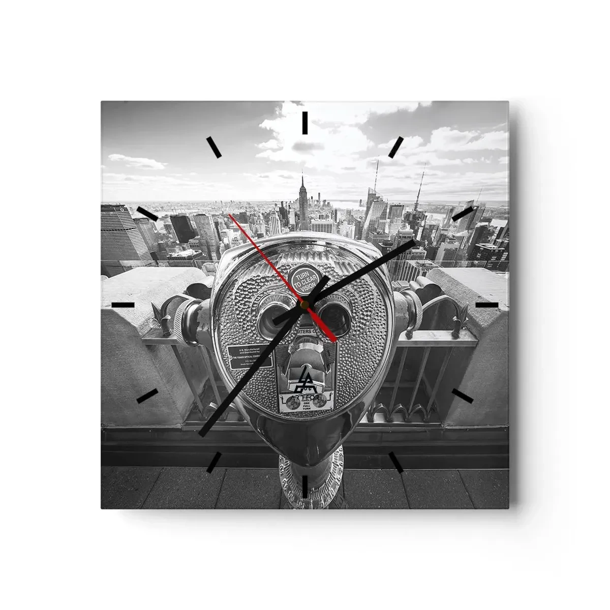 Reloj de pared - Reloj de vidrio - Vista monocromática a través del telescopio del panorama de la ciudad. - 30x30cm - Sobre la ciudad - Decoración de pared moderna para salón y dormitorio ARTTOR