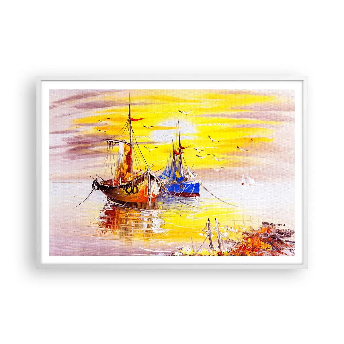 Póster en marco blanco - Un merecido descanso en el puerto - 100x70 cm