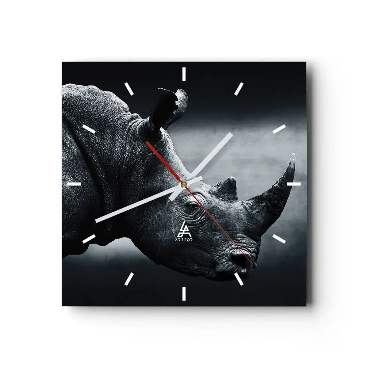 Reloj de pared - Reloj de vidrio - Retrato en blanco y negro de un rinoceronte sobre un fondo oscuro. - 30x30cm - Perfil derecho - Decoración de pared moderna para salón y dormitorio ARTTOR