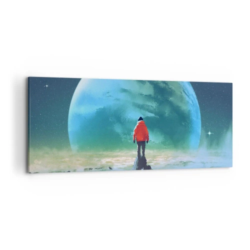 Cuadro sobre lienzo - Impresión de Imagen - Un hombre con una chaqueta roja de pie frente a un gran planeta con estrellas en el fondo. - 120x50cm - Descubridor de una nueva Tierra - Decoración de pared moderna para salón y dormitorio ARTTOR