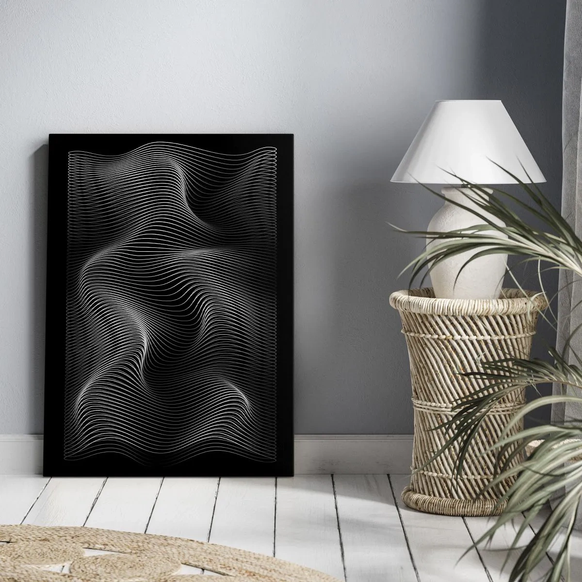 Cuadro sobre lienzo - Impresión de Imagen - Líneas blancas abstractas sobre un fondo negro - 70x100cm - La danza de la luz en el espacio - Decoración de pared moderna para salón y dormitorio ARTTOR