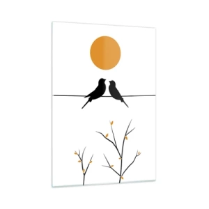 Cuadro sobre vidrio - Impresiones sobre Vidrio - Pájaros en una línea bajo un sol naranja - 50x70cm - Noche de ruiseñores - Decoración de pared moderna para salón y dormitorio ARTTOR