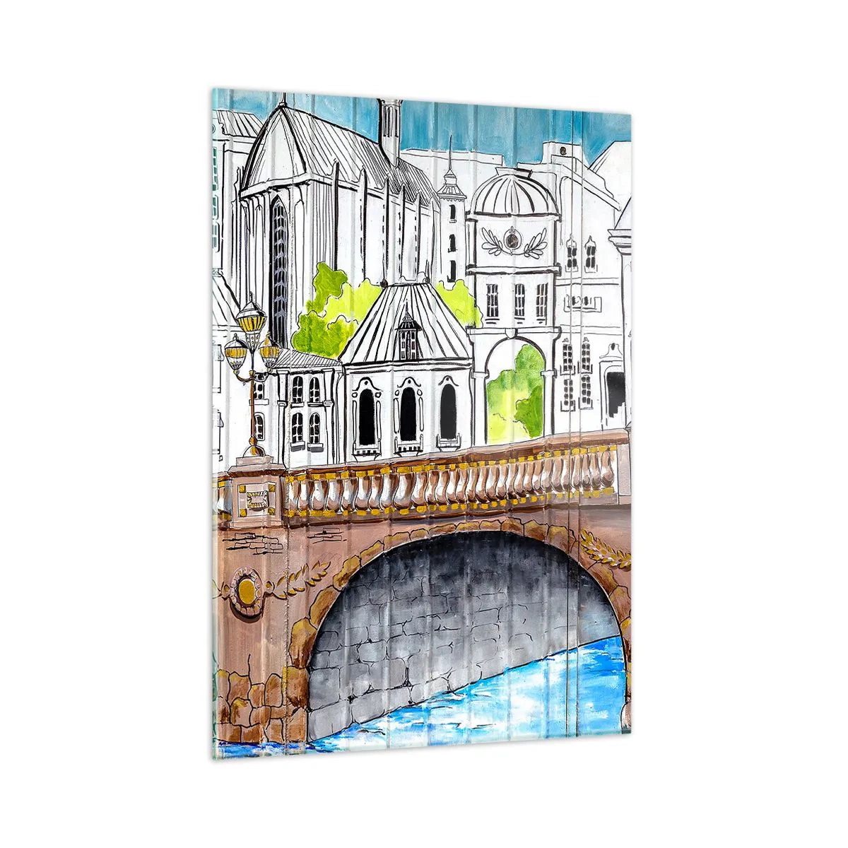 Cuadro sobre vidrio - Impresiones sobre Vidrio - El puente y la arquitectura urbana en forma de boceto de acuarela. - 50x70cm - Una ciudad de dibujo - Decoración de pared moderna para salón y dormitorio ARTTOR