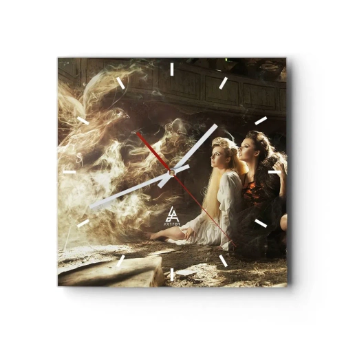 Reloj de pared - Reloj de vidrio - Dos mujeres en un entorno mágico con efectos de iluminación etéreos. - 30x30cm - Y hubo poesía - Decoración de pared moderna para salón y dormitorio ARTTOR