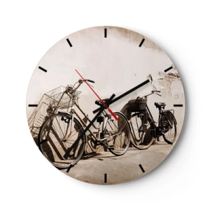 Reloj de pared - Reloj de vidrio - Bicicletas de estilo retro contra una pared - 30x30cm - El inolvidable encanto del pasado - Decoración de pared moderna para salón, cocina y dormitorio ARTTOR