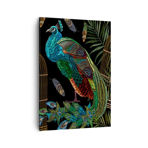 Cuadro sobre lienzo - Impresión de Imagen - Pavos reales junto a una jaula dorada sobre un fondo negro - 50x70cm - Con plumajes reales - Decoración de pared moderna para salón y dormitorio ARTTOR