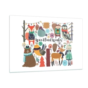Cuadro sobre vidrio - Impresiones sobre Vidrio - Bosque invernal con lindos animales en la ilustración - 120x80cm - Una Navidad de cuento en el bosque - Decoración de pared moderna para salón y dormitorio ARTTOR