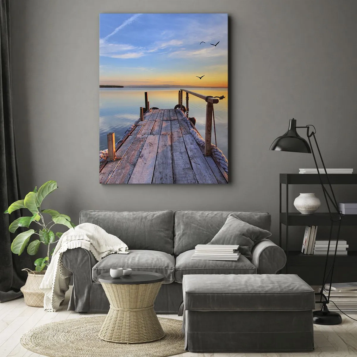 Cuadro sobre lienzo - Impresión de Imagen - Muelle de madera al atardecer en un lago tranquilo - 70x100cm - Caminando hacia el sol - Decoración de pared moderna para salón y dormitorio ARTTOR