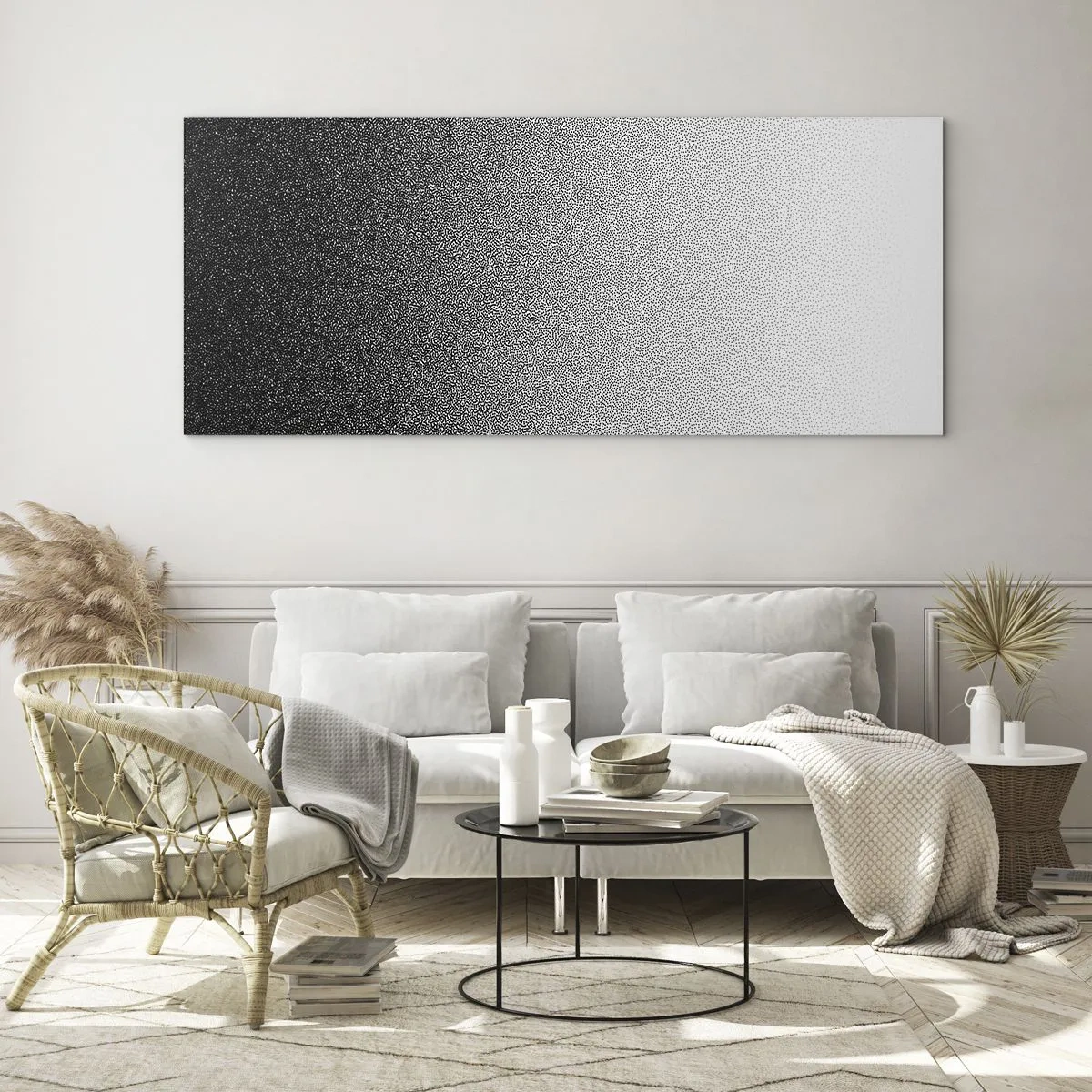 Cuadro sobre vidrio - Impresiones sobre Vidrio - Degradado minimalista en blanco y negro en punto - 120x50cm - Hacia la luz - Decoración de pared moderna para salón y dormitorio ARTTOR
