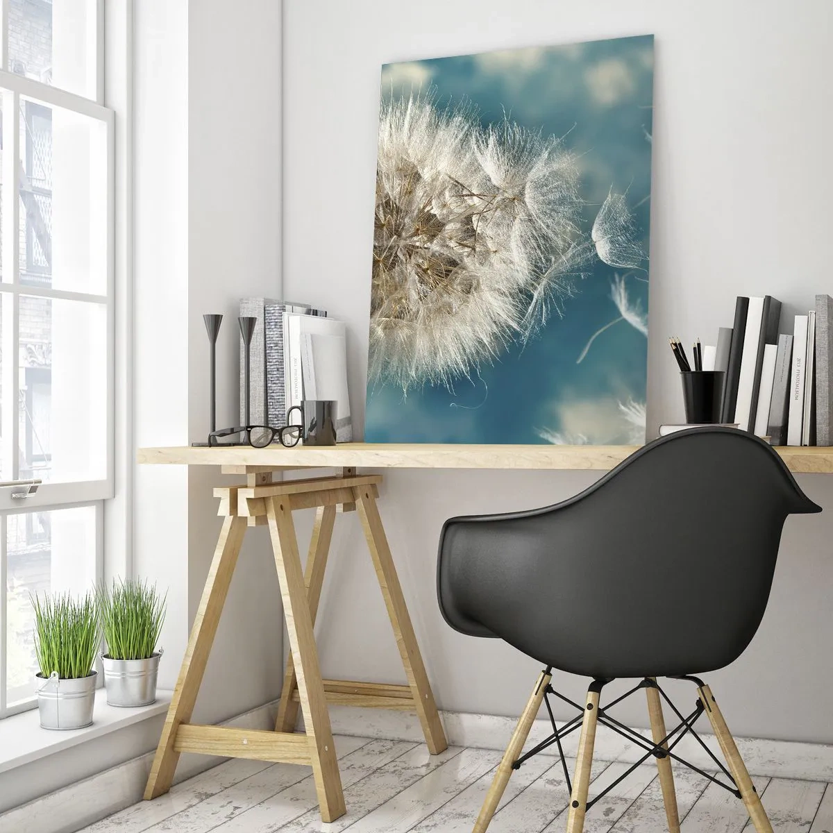 Cuadro sobre vidrio - Impresiones sobre Vidrio - Un diente de león desperdigado contra un cielo azul. - 80x120cm - El aliento de un ángel - Decoración de pared moderna para salón y dormitorio ARTTOR