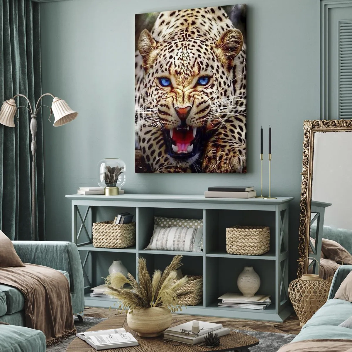 Cuadro sobre lienzo - Impresión de Imagen - Un leopardo amenazante con intensos ojos azules. - 50x70cm - La ira no daña la belleza - Decoración de pared moderna para salón y dormitorio ARTTOR