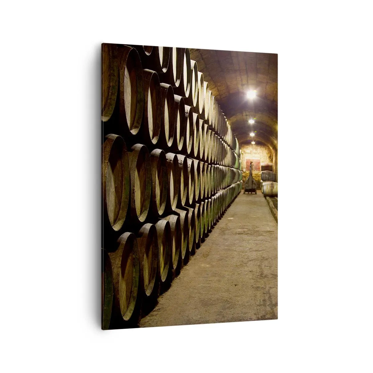 Cuadro sobre lienzo - Impresión de Imagen - Una bodega con barriles de vino de madera dispuestos en filas. - 70x100cm - El placer  - Decoración de pared moderna para salón y dormitorio ARTTOR