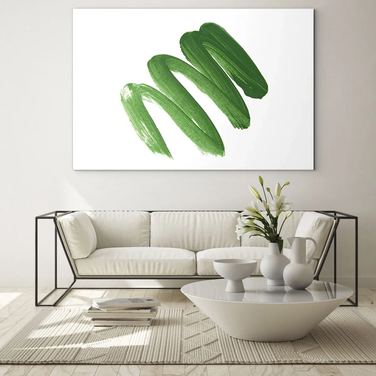 Cuadro sobre vidrio - Impresiones sobre Vidrio - Pincelada verde dinámica sobre fondo blanco - 100x70cm - Una broma verde - Decoración de pared moderna para salón y dormitorio ARTTOR