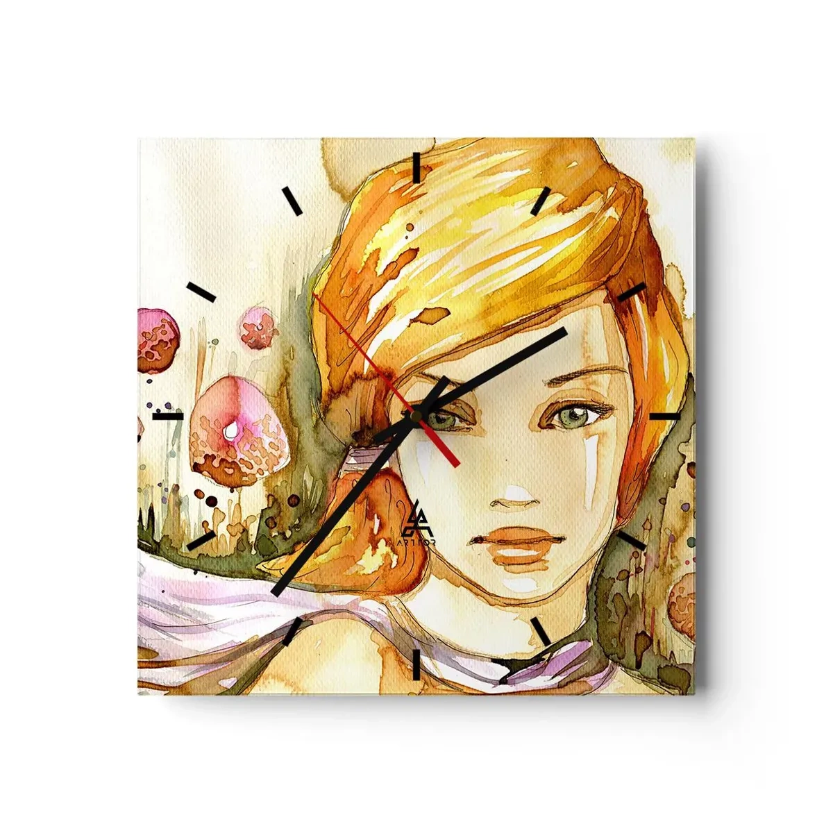 Reloj de pared - Reloj de vidrio - Retrato de una mujer en colores de acuarela con una mirada intensa. - 30x30cm - Una mirada que calma el alma - Decoración de pared moderna para salón y dormitorio ARTTOR
