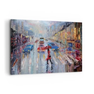 Cuadro sobre lienzo - Impresión de Imagen - Una mujer con un paraguas en una calle lluviosa bajo la luz de neón. - 120x80cm - Una tarde de lluvia en la ciudad - Decoración de pared moderna para salón y dormitorio ARTTOR