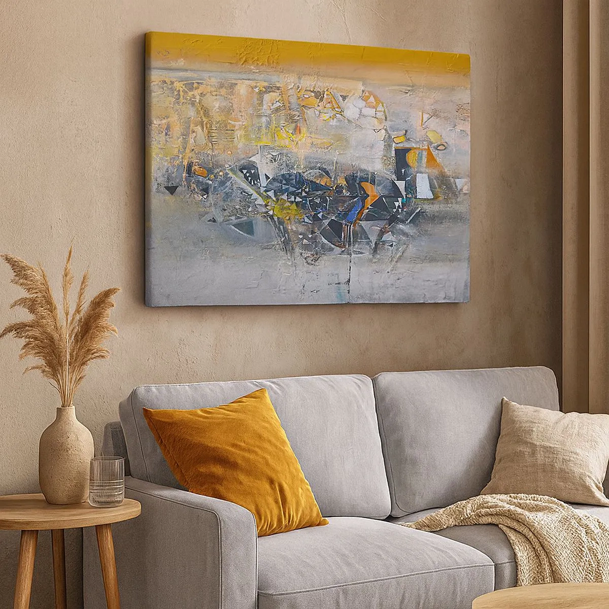 Cuadro sobre lienzo - Impresión de Imagen - Abstracción con tonos dominantes de amarillo y gris. - 70x50cm - Todo se pondrá en su sitio - Decoración de pared moderna para salón y dormitorio ARTTOR