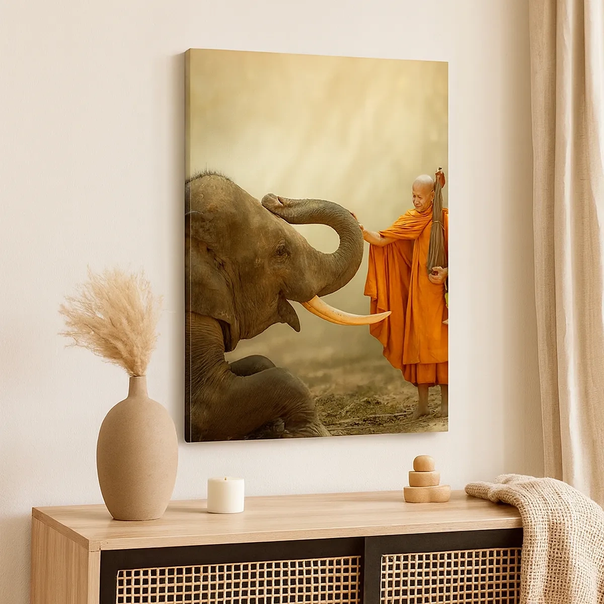Cuadro sobre lienzo - Impresión de Imagen - Un monje y un elefante en armonía con la naturaleza como telón de fondo. - 50x70cm - Un encuentro en un viaje - Decoración de pared moderna para salón y dormitorio ARTTOR