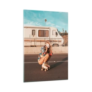 Cuadro sobre vidrio - Impresiones sobre Vidrio - Una chica en patines tomando una foto en un día soleado. - 80x120cm - ¡Sonrían, por favor! - Decoración de pared moderna para salón y dormitorio ARTTOR